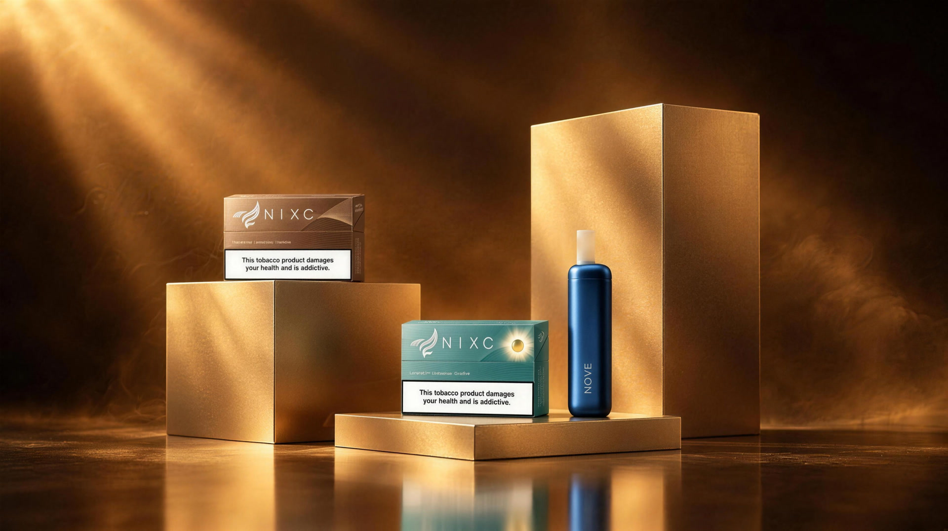 NIXC Amber and Green packs with a heating device on gold plinths in a warm studio